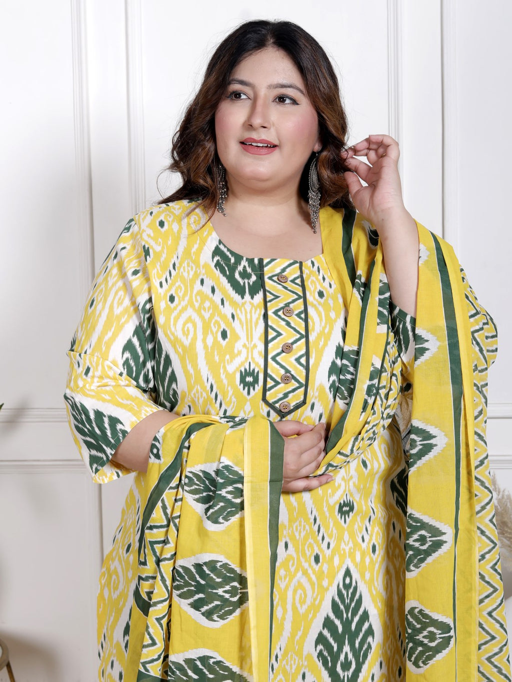 Plus Size Yellow Cotton Printed Kurta Pant Set with Dupatta-200066