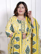 Plus Size Yellow Cotton Printed Kurta Pant Set with Dupatta-200066