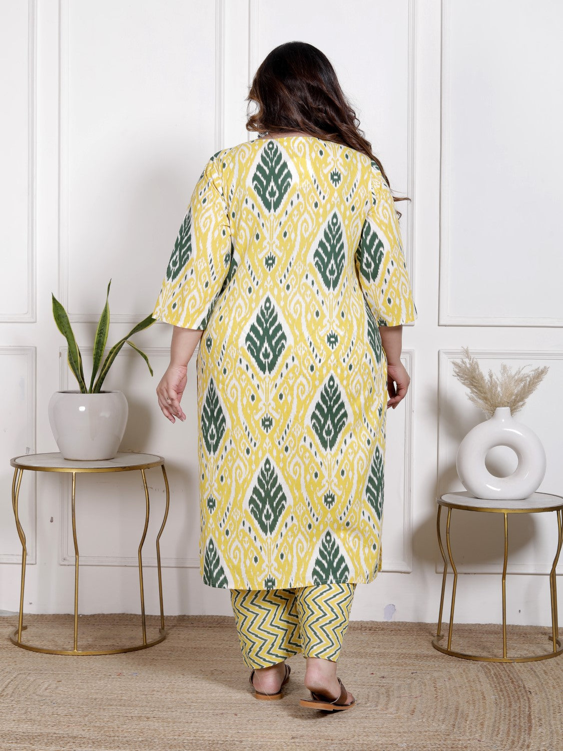 Plus Size Yellow Cotton Printed Kurta Pant Set with Dupatta-200066