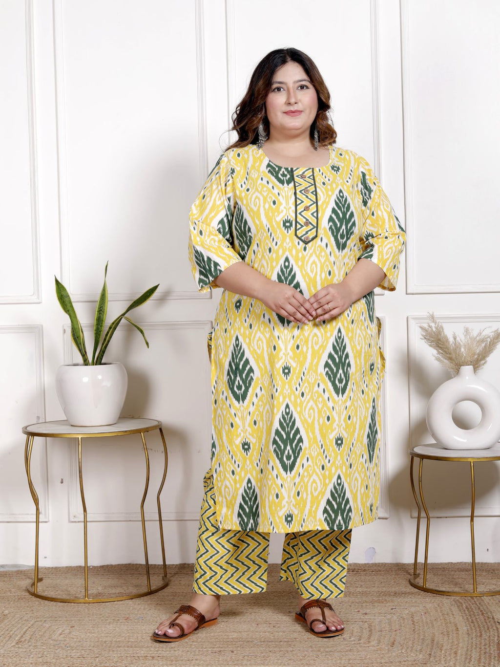 Plus Size Yellow Cotton Printed Kurta Pant Set with Dupatta-200066