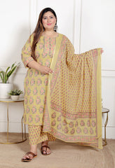 Plus Size Yellow Cotton Printed Kurta Pant Set with Dupatta-200067