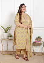 Plus Size Yellow Cotton Printed Kurta Pant Set with Dupatta-200067