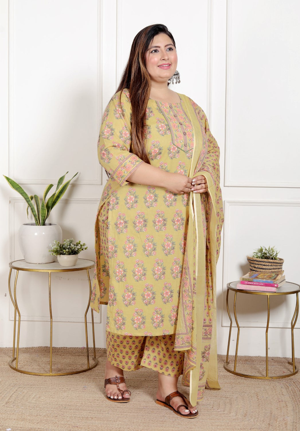 Plus Size Yellow Cotton Printed Kurta Pant Set with Dupatta-200067