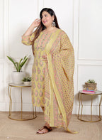Plus Size Yellow Cotton Printed Kurta Pant Set with Dupatta-200067