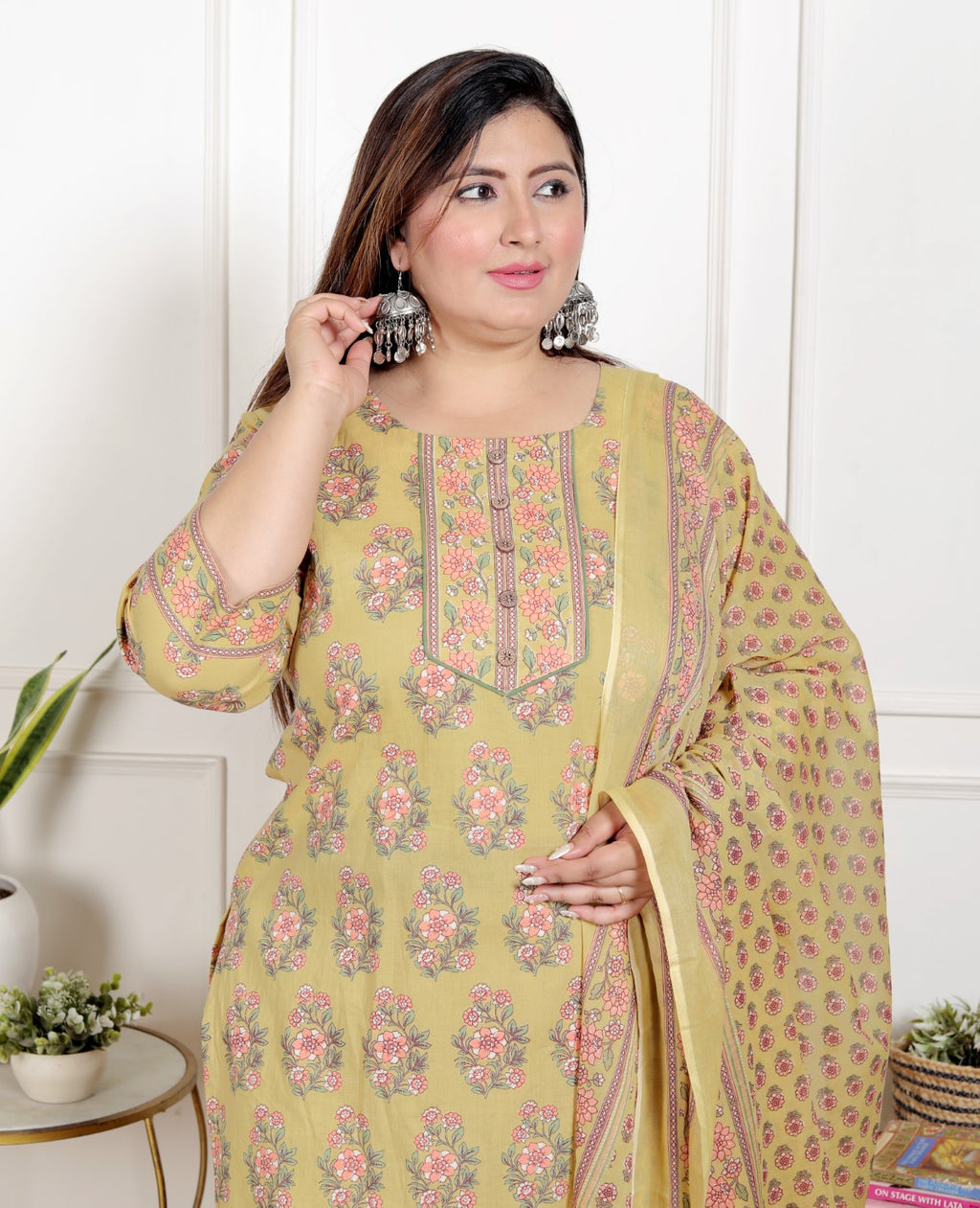Plus Size Yellow Cotton Printed Kurta Pant Set with Dupatta-200067