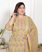 Plus Size Yellow Cotton Printed Kurta Pant Set with Dupatta-200067