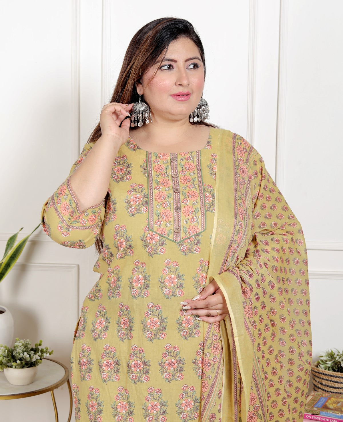 Plus Size Yellow Cotton Printed Kurta Pant Set with Dupatta-200067