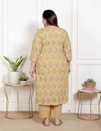 Plus Size Yellow Cotton Printed Kurta Pant Set with Dupatta-200067