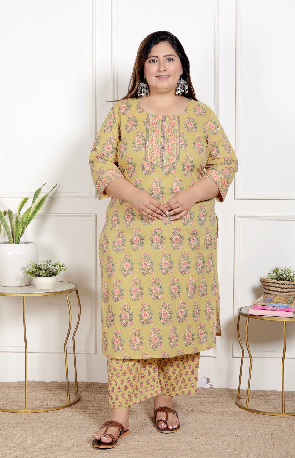 Plus Size Yellow Cotton Printed Kurta Pant Set with Dupatta-200067