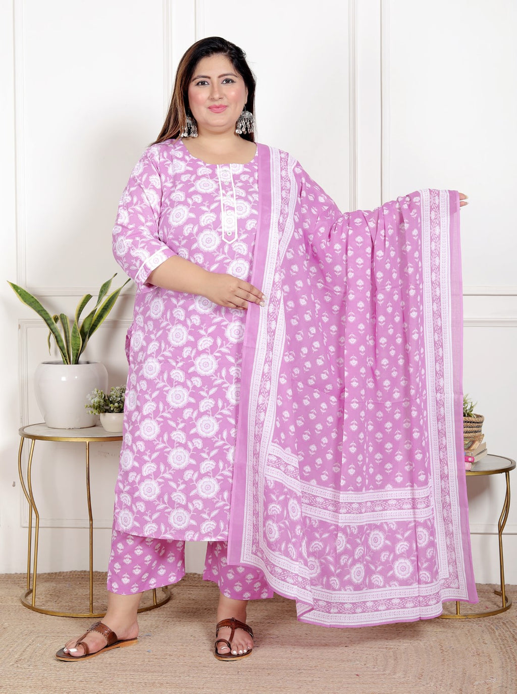 Plus Size Purple Cotton Printed Kurta Pant Set with Dupatta-200068