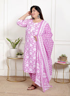 Plus Size Purple Cotton Printed Kurta Pant Set with Dupatta-200068