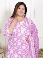 Plus Size Purple Cotton Printed Kurta Pant Set with Dupatta-200068