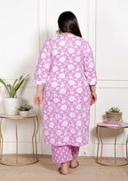 Plus Size Purple Cotton Printed Kurta Pant Set with Dupatta-200068