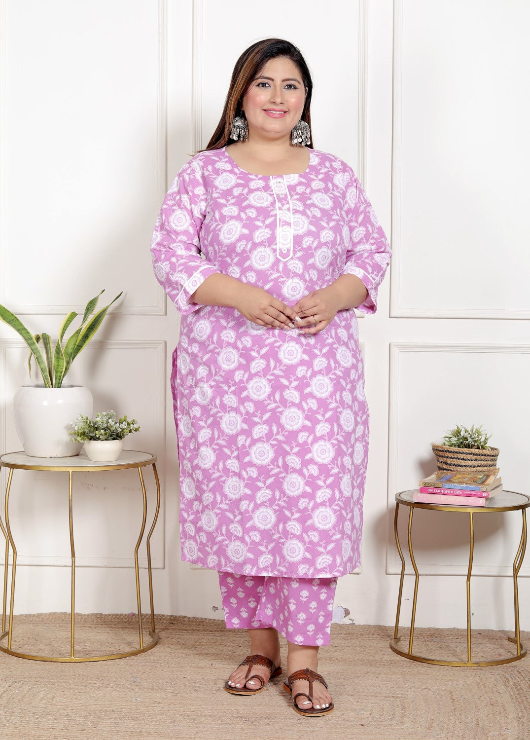 Plus Size Purple Cotton Printed Kurta Pant Set with Dupatta-200068