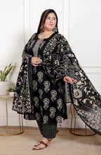 Plus Size Black Cotton Printed Kurta Pant Set with Dupatta-200069