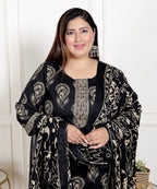 Plus Size Black Cotton Printed Kurta Pant Set with Dupatta-200069