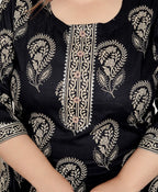 Plus Size Black Cotton Printed Kurta Pant Set with Dupatta-200069