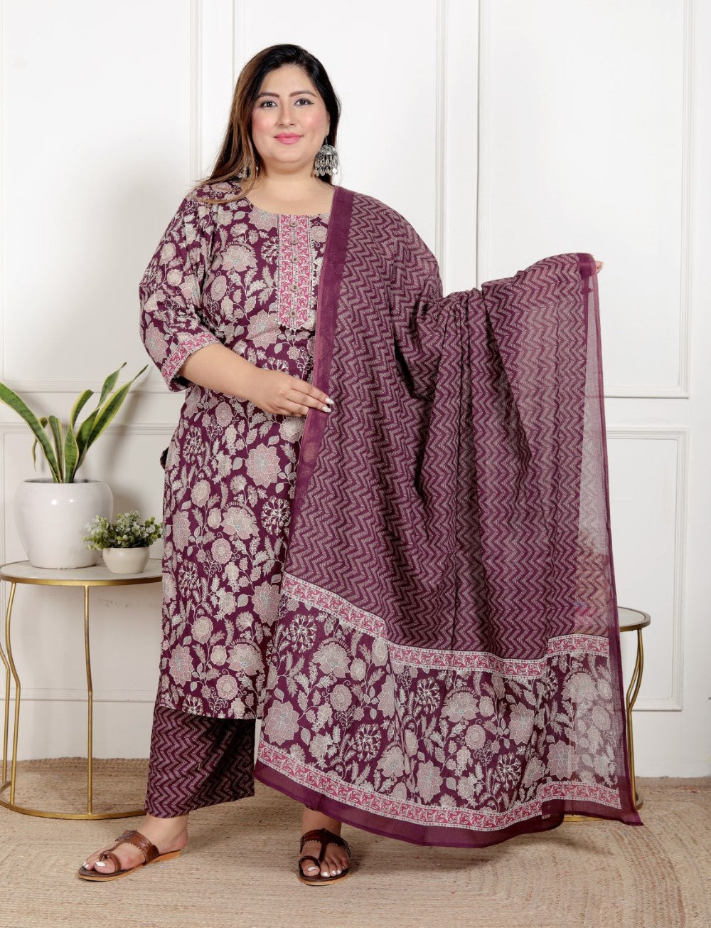 Plus Size Purple Cotton Printed Kurta Pant Set with Dupatta-200070