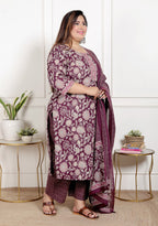 Plus Size Purple Cotton Printed Kurta Pant Set with Dupatta-200070