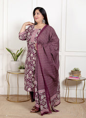 Plus Size Purple Cotton Printed Kurta Pant Set with Dupatta-200070