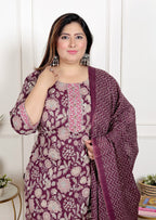 Plus Size Purple Cotton Printed Kurta Pant Set with Dupatta-200070