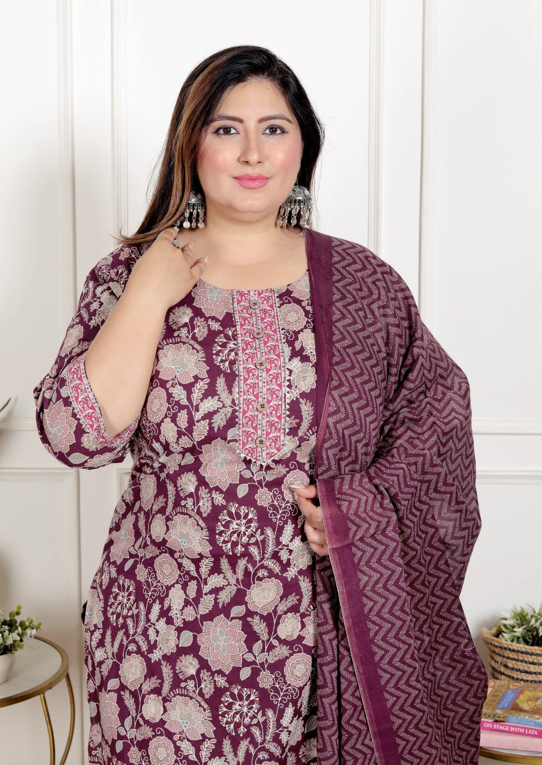 Plus Size Purple Cotton Printed Kurta Pant Set with Dupatta-200070