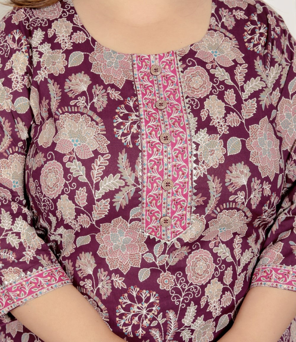 Plus Size Purple Cotton Printed Kurta Pant Set with Dupatta-200070