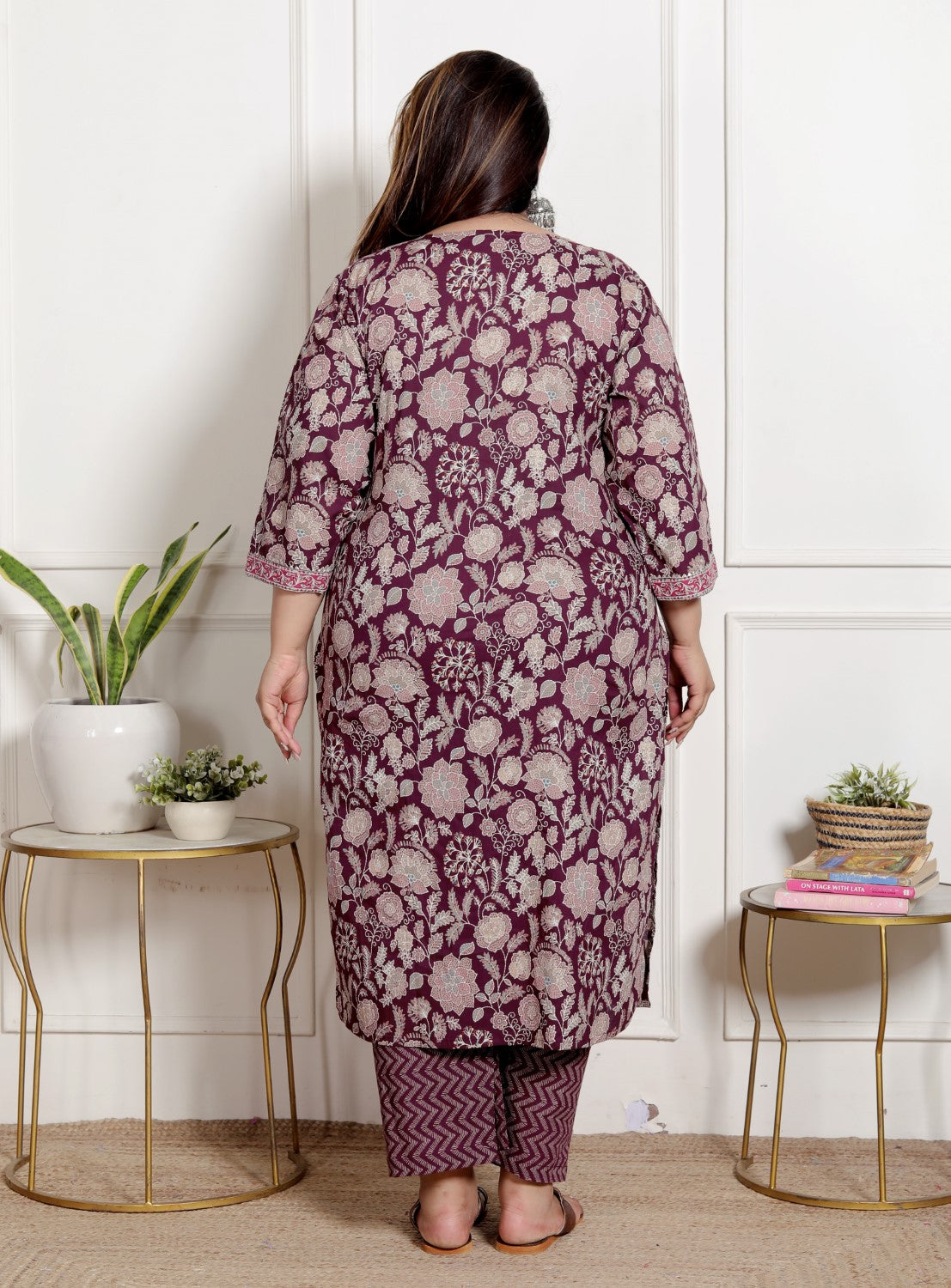 Plus Size Purple Cotton Printed Kurta Pant Set with Dupatta-200070