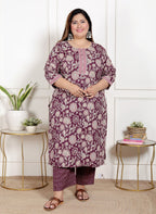 Plus Size Purple Cotton Printed Kurta Pant Set with Dupatta-200070