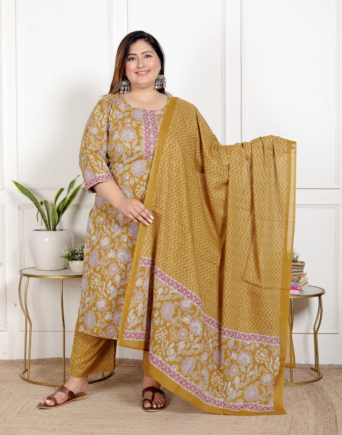 Plus Size Mustard Cotton Printed Kurta Pant Set with Dupatta-200071 Main image