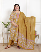 Plus Size Mustard Cotton Printed Kurta Pant Set with Dupatta-200071