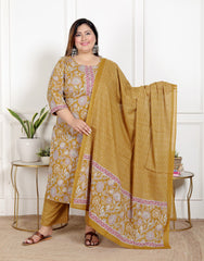Plus Size Mustard Cotton Printed Kurta Pant Set with Dupatta-200071