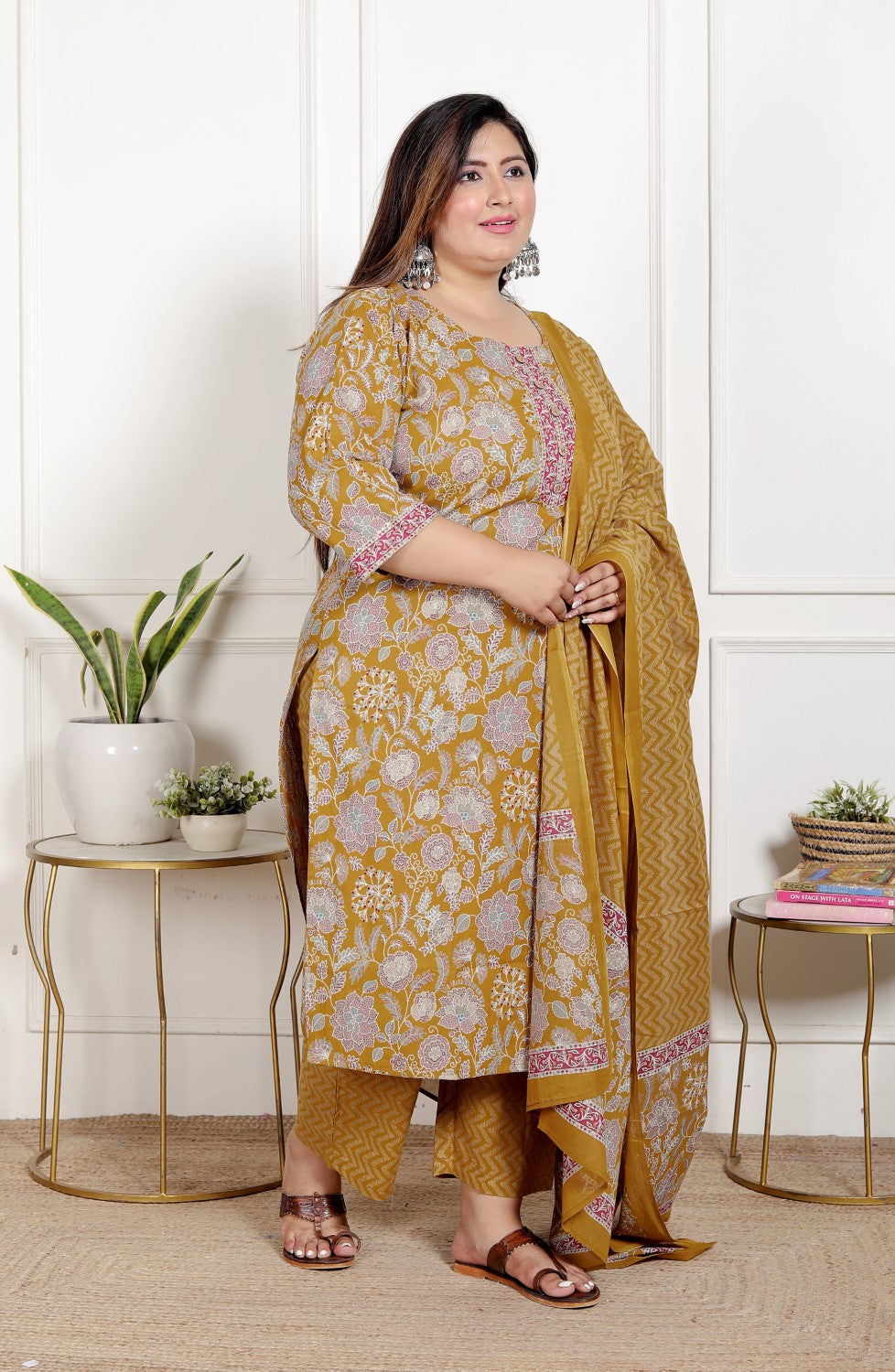 Plus Size Mustard Cotton Printed Kurta Pant Set with Dupatta-200071