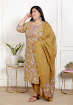 Plus Size Mustard Cotton Printed Kurta Pant Set with Dupatta-200071