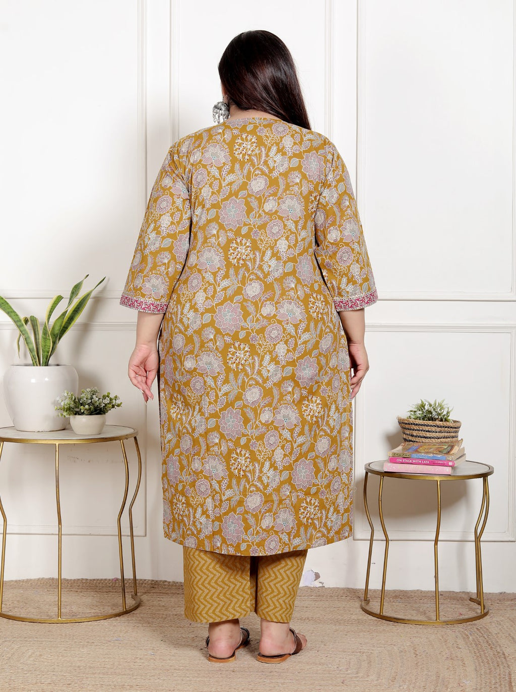 Plus Size Mustard Cotton Printed Kurta Pant Set with Dupatta-200071