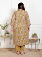 Plus Size Mustard Cotton Printed Kurta Pant Set with Dupatta-200071