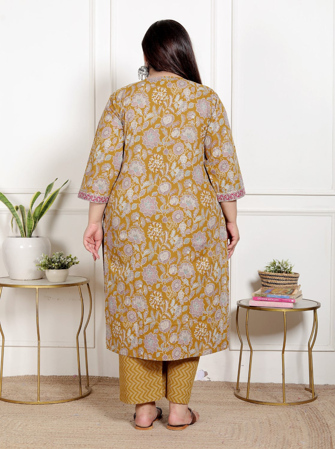 Plus Size Mustard Cotton Printed Kurta Pant Set with Dupatta-200071