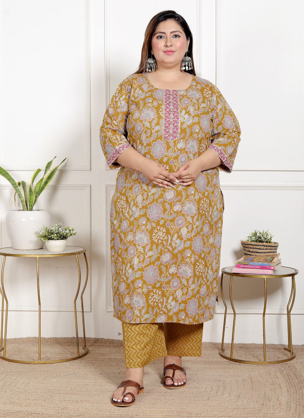 Plus Size Mustard Cotton Printed Kurta Pant Set with Dupatta-200071