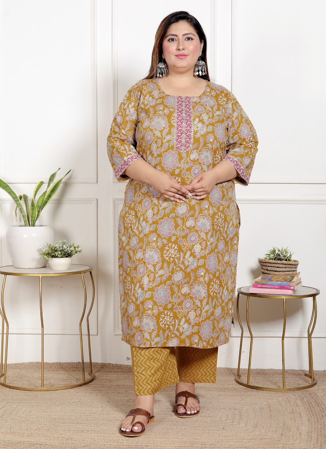 Plus Size Mustard Cotton Printed Kurta Pant Set with Dupatta-200071