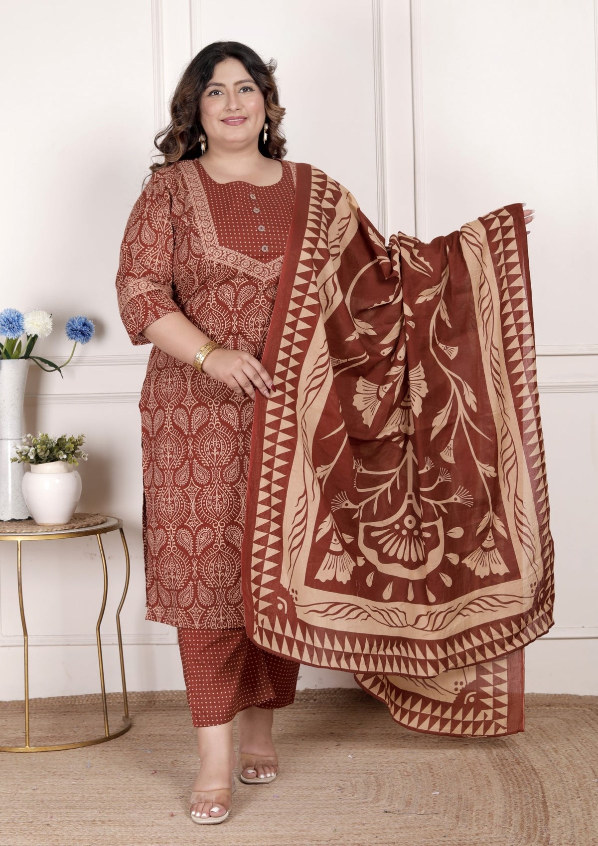 Plus Size Rust Cotton Printed Kurta Pant Set with Dupatta-200072