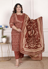 Plus Size Rust Cotton Printed Kurta Pant Set with Dupatta-200072