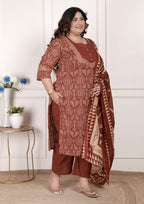 Plus Size Rust Cotton Printed Kurta Pant Set with Dupatta-200072