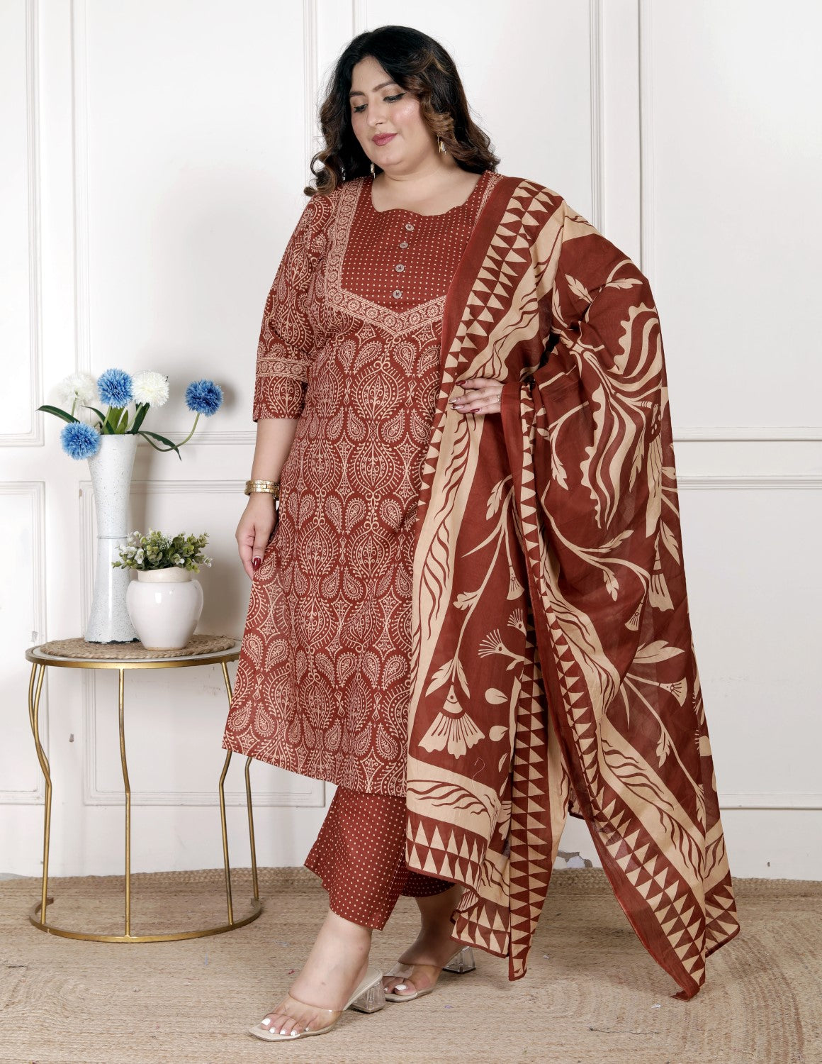 Plus Size Rust Cotton Printed Kurta Pant Set with Dupatta-200072