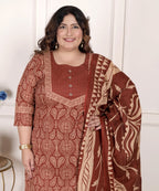Plus Size Rust Cotton Printed Kurta Pant Set with Dupatta-200072