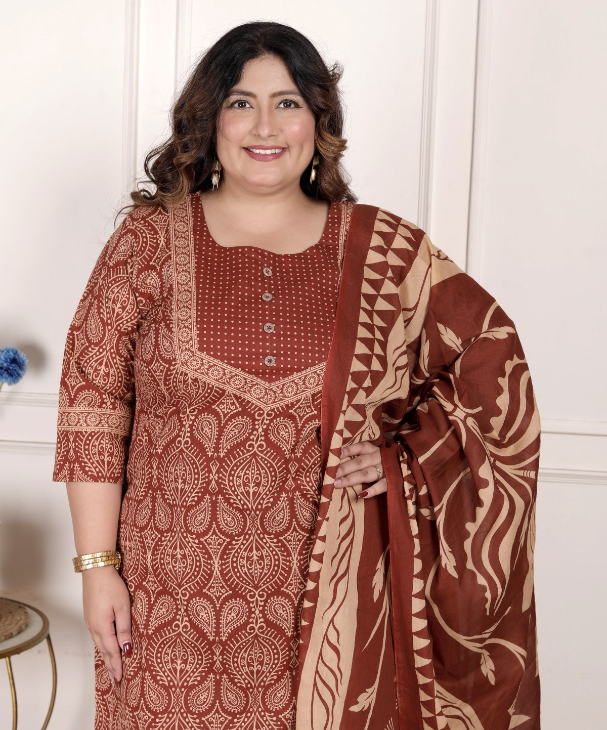 Plus Size Rust Cotton Printed Kurta Pant Set with Dupatta-200072