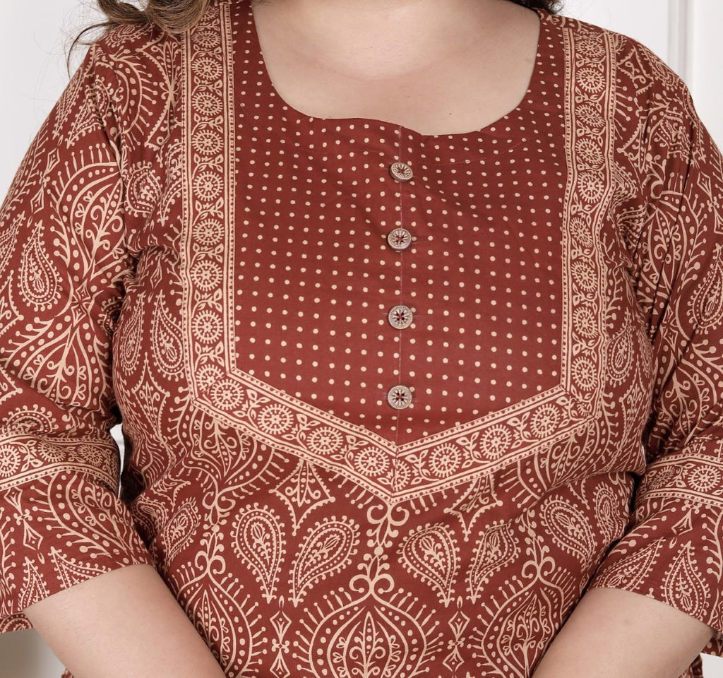 Plus Size Rust Cotton Printed Kurta Pant Set with Dupatta-200072