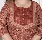 Plus Size Rust Cotton Printed Kurta Pant Set with Dupatta-200072