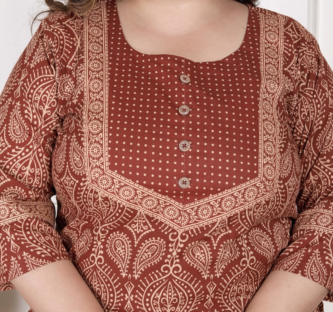 Plus Size Rust Cotton Printed Kurta Pant Set with Dupatta-200072