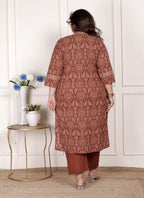 Plus Size Rust Cotton Printed Kurta Pant Set with Dupatta-200072