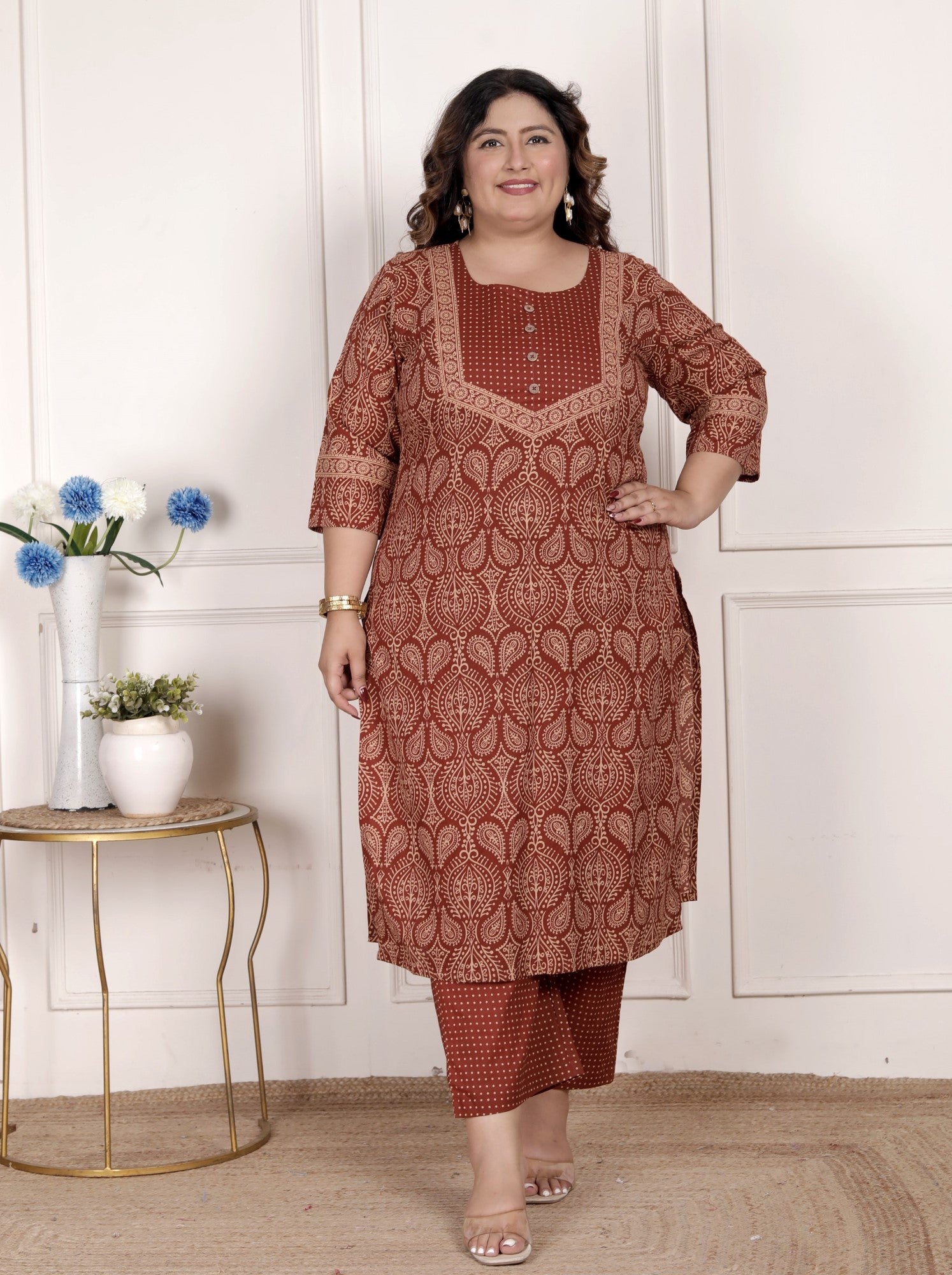 Plus Size Rust Cotton Printed Kurta Pant Set with Dupatta-200072